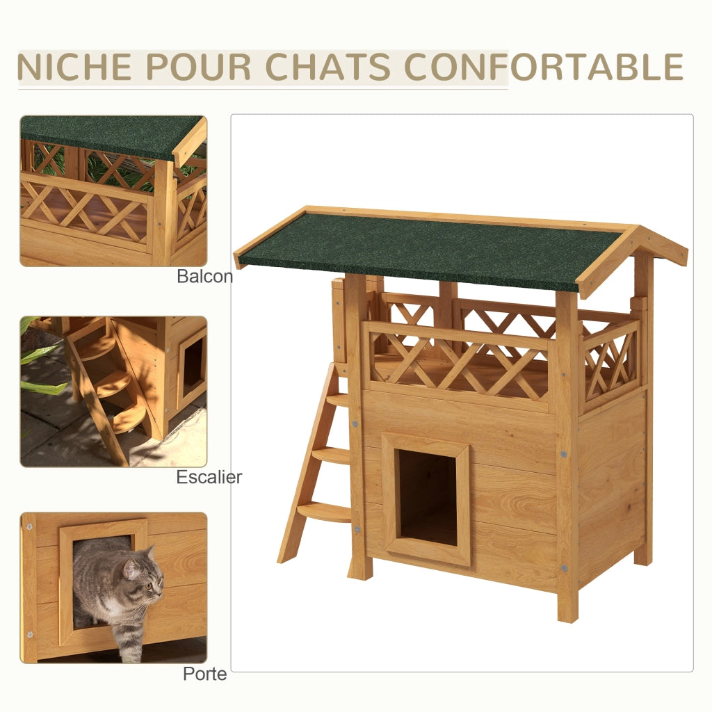 Casetta per Gatti con Terrazza ¨C Zephmum ¨C Legno Naturale e Verde 77x50x73 cm