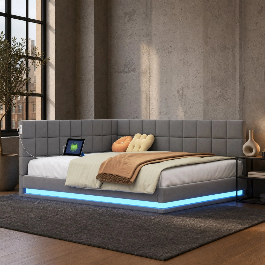LETTO DIVANO Imbottito 140x200 cm Grigio in Lino con LED e USB