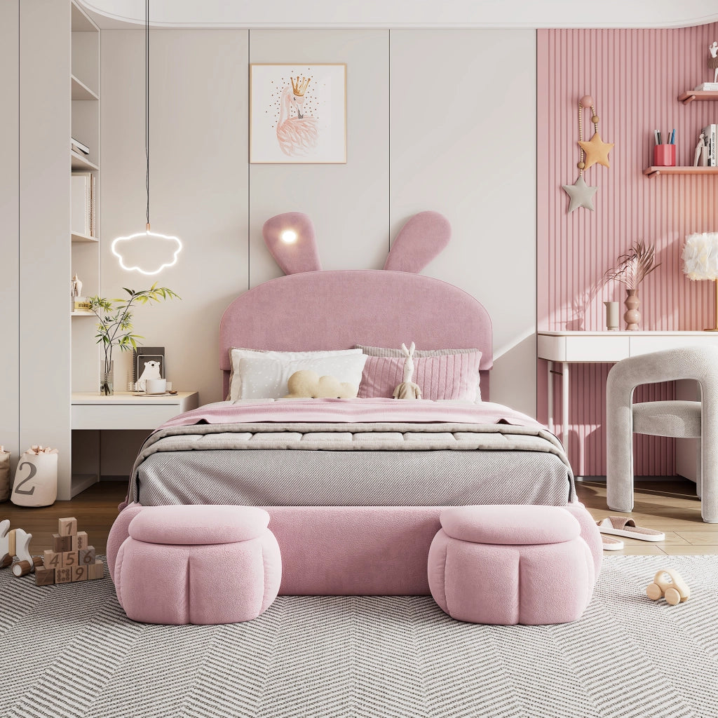 LETTO Imbottito idraulico 140x200 cm velluto rosa con contenitore e 2 pouf