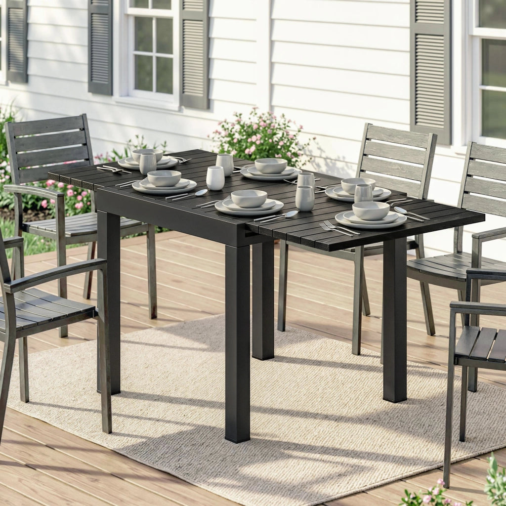 Tavolo da Giardino Allungabile per 4-6 Persone con Piano a Doghe, in Alluminio, 80/160x80x75 cm, Nero