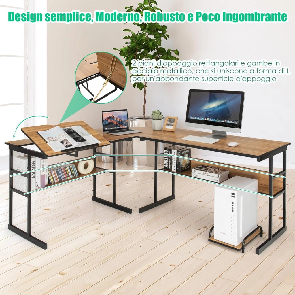 Scrivania Angolare 170 CM, Scrivania per Computer ad Angolo Moderna con Piano Inclinabile, Scaffale Inferiore e Supporto per CPU, Scrivania a Forma di L per Ufficio e Studio (Noce)