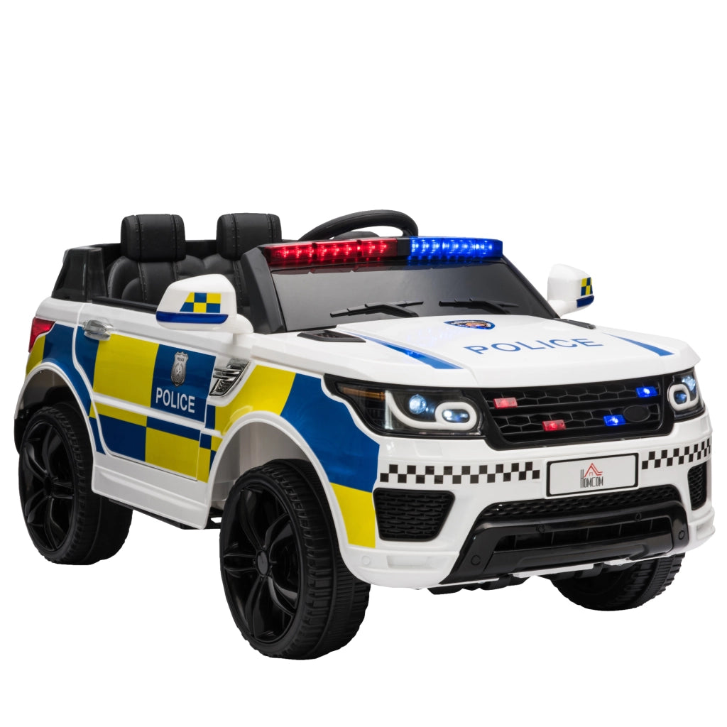 EasyComfort Macchina Elettrica per Bambini della Polizia, 12V Auto Elettrica per Bambini con Telecomando, Sirena Luci Attacco USB per Musica, 110x68x52cm, Bianco