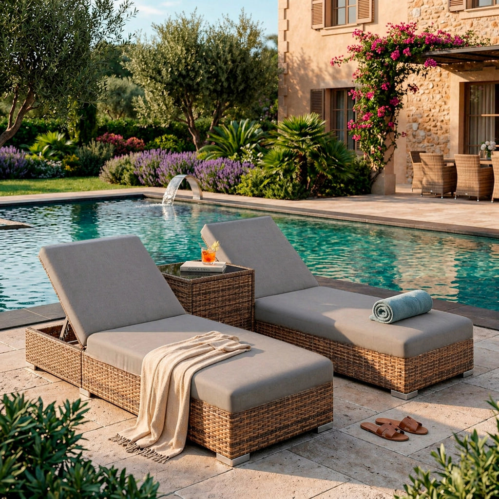 Set 2 Lettini Prendisole In Polyrattan Con Tavolino Contenitore E Cuscini Schienale Regolabile 5 Posizioni Sdraio Da Giardino Terrazzo Piscina 184 x 60 x 21 Cm Marrone Chiaro E Grigio