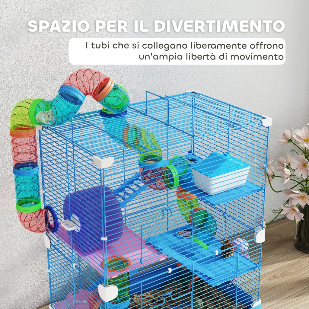 Gabbia per Criceti a 5 Piani 46x30x58 cm con Tubi Colorati e Accessori in Metallo Blu