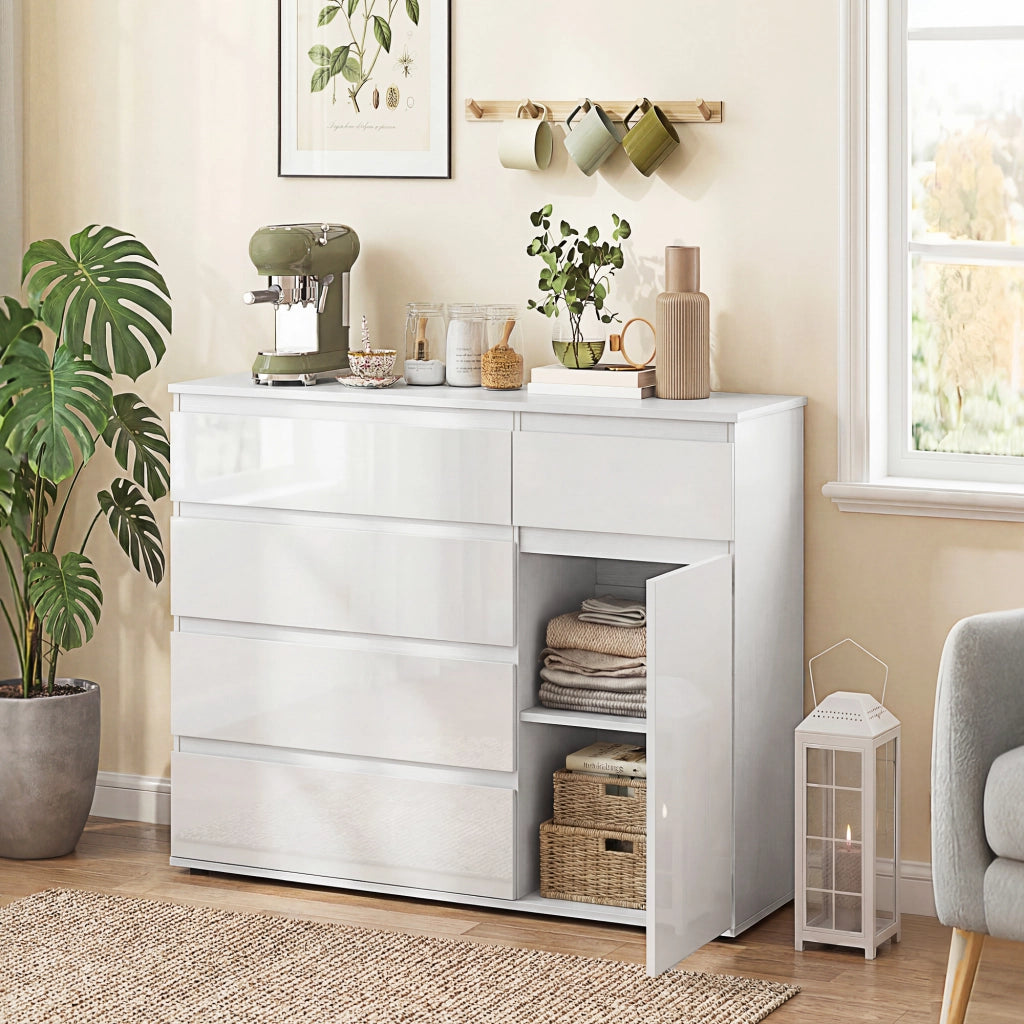 Credenza Mobile Basso 100x40x80 cm con 5 Cassetti Ripiano Regolabile in MDF Bianco Lucido