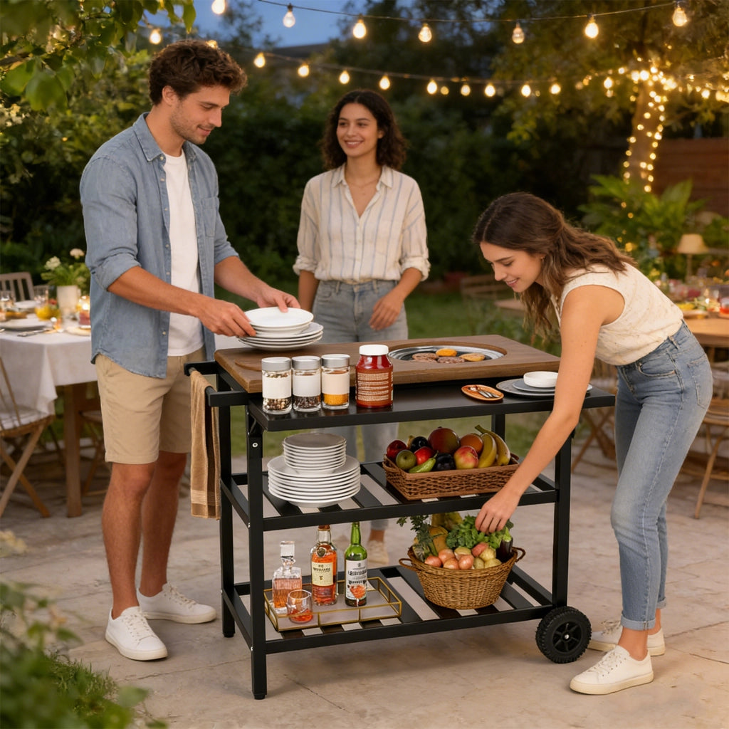 Carrello per barbecue con forno smontabile griglie e teglie in metallo, Carrello cucina da esterno carrellino con ruote