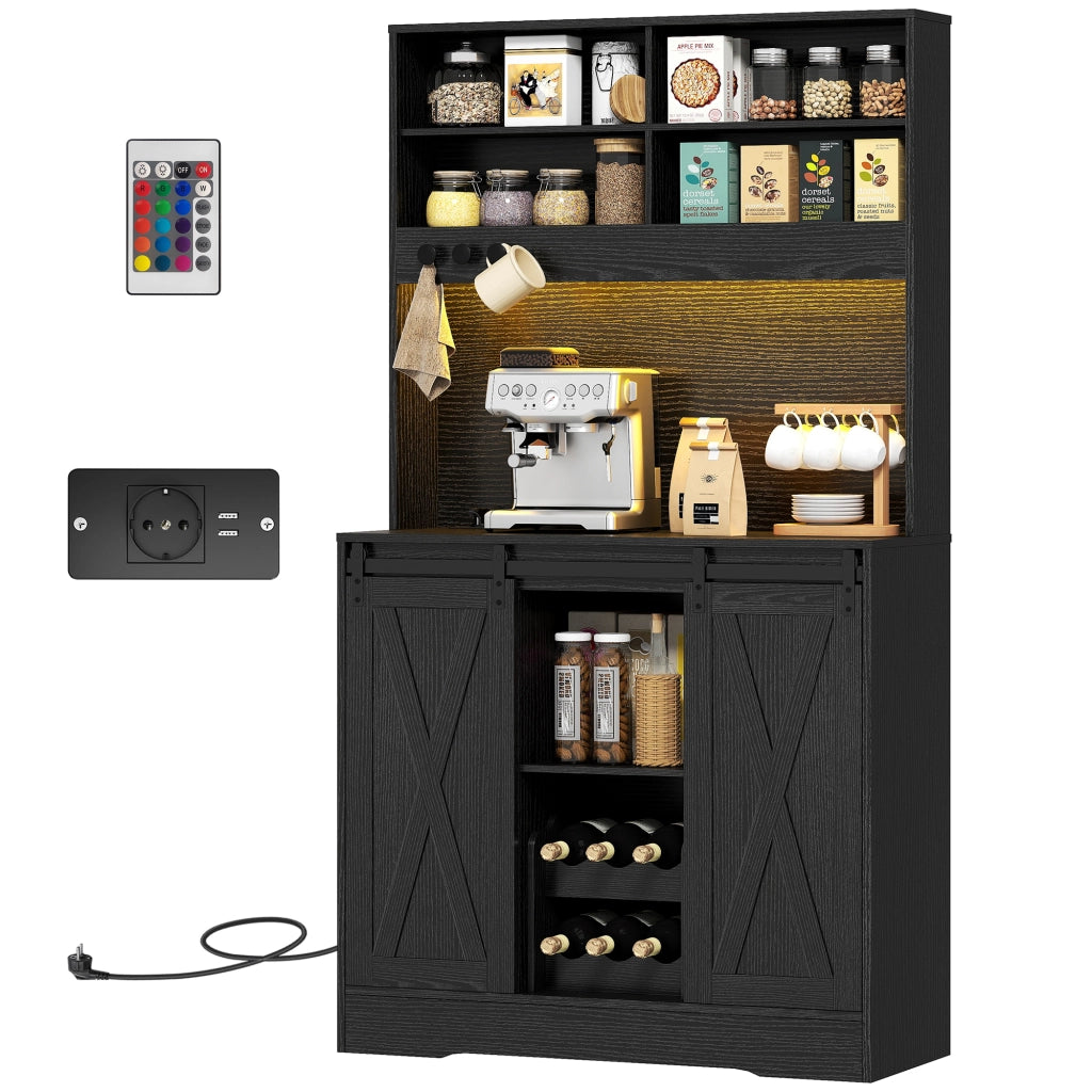 Credenza Rustica con Armadietti, Portabottiglie e Luci LED ¨C Minimal ¨C Nero