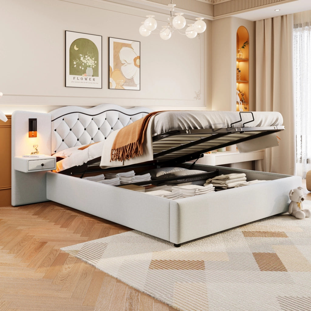 Letto imbottito 180x200 cm con contenitore, USB e luci integrate