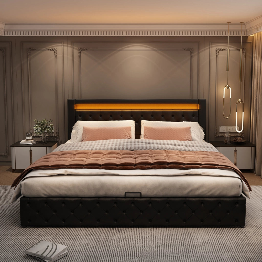 Letto imbottito 140x200 cm con contenitore e LED; in PU nero
