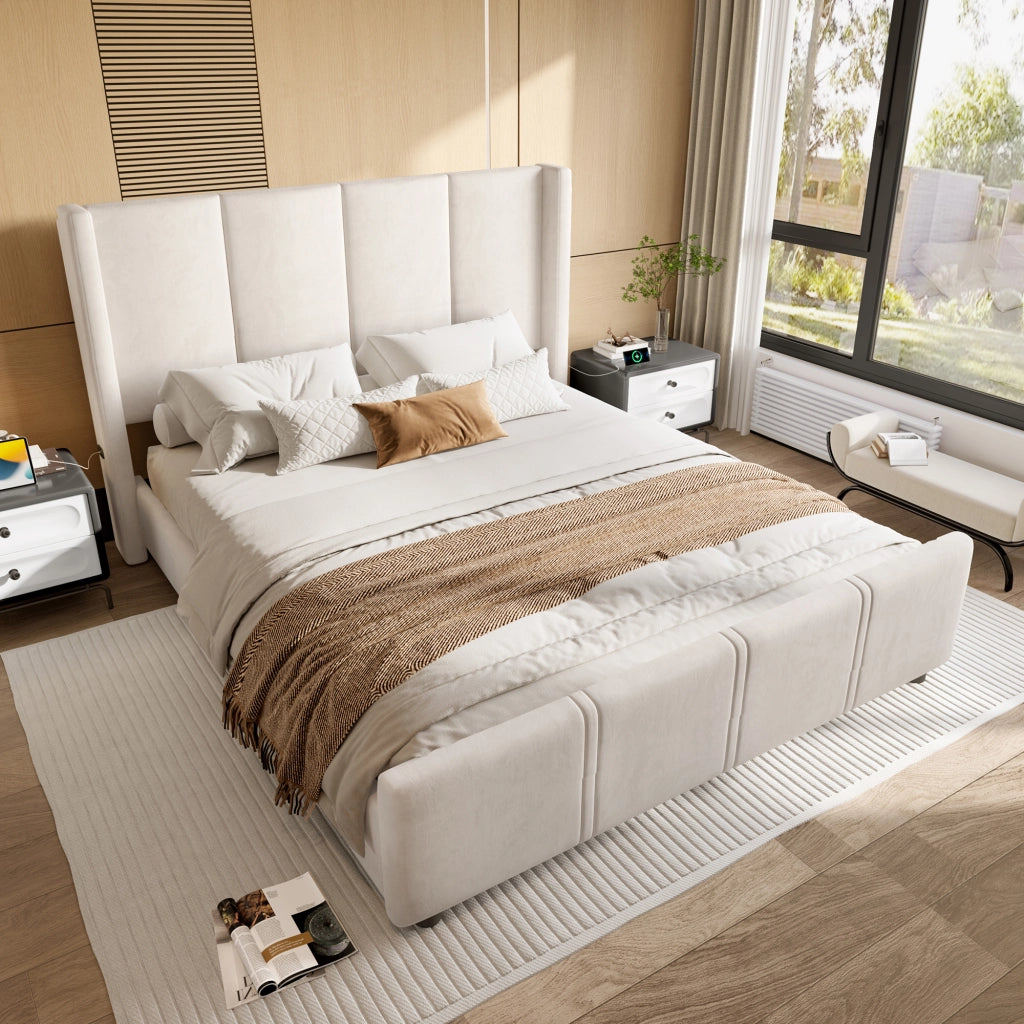 Letto Matrimoniale 140 x 200 cm; USB e Type-C; Testiera Alta e Pediera Alta; in Velluto Beige