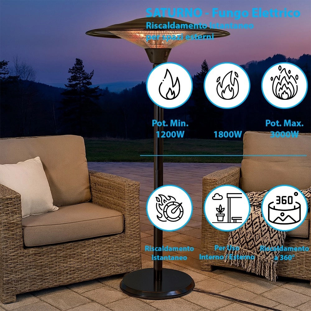 Tempo Style - Stufa Elettrica SATURNO | Fungo Riscaldante ad Infrarossi (3000W) dal Design Elegante | Ideale per Esterno/Interno (Nero)