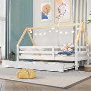 Letto a casetta bambino 90×200 cm con letto estraibile; sponde di sicurezza; senza materasso; in legno massello; bianco e naturale