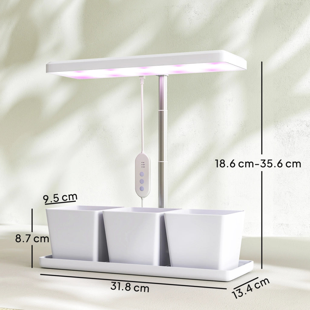 Lampada per Piante LED 30 Luci ¨C Xylo ¨C con 3 Vasi, Timer, Regolabile, 31.8x13.4x18.6-35.6 cm, Bianco