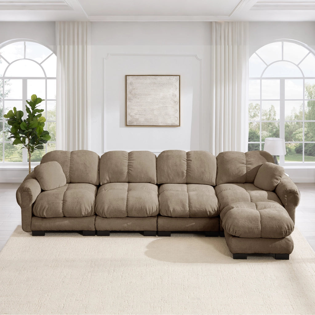 Divano angolare modulare 4 posti con pouf mobile, Chenille, Marrone