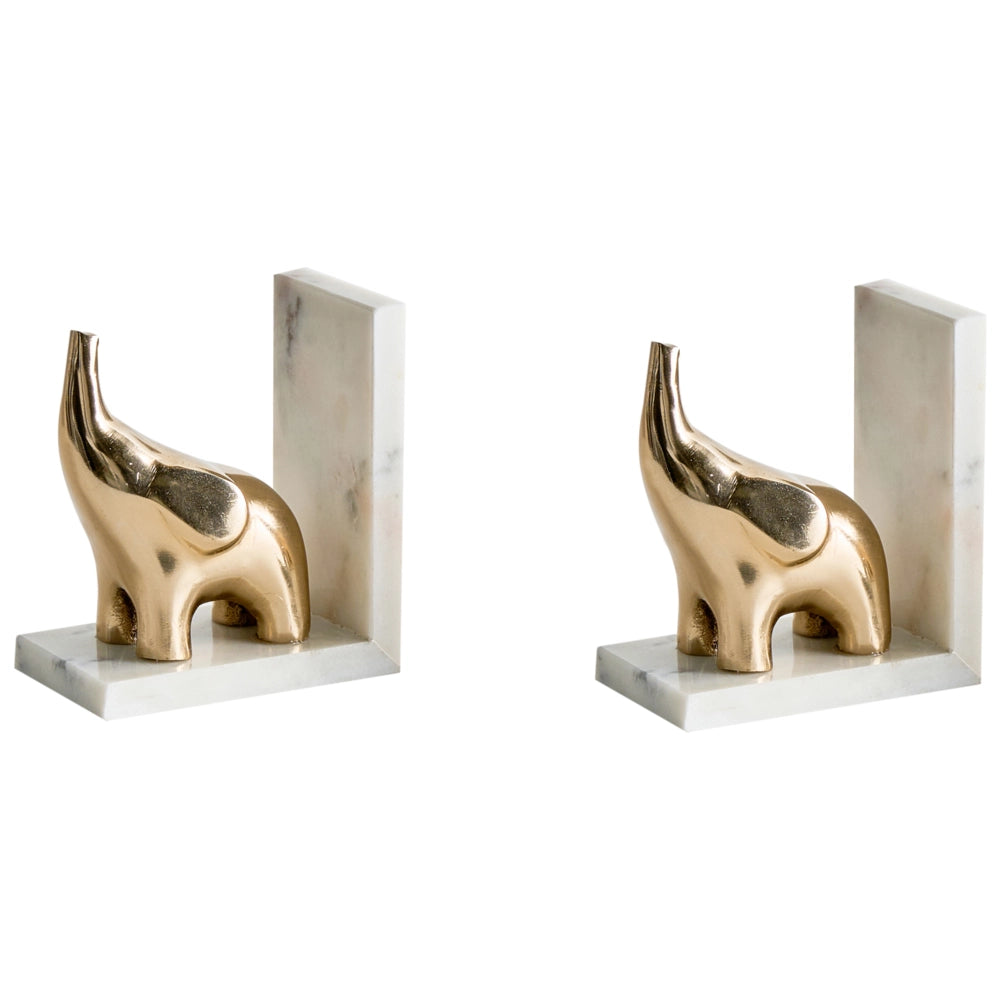 Set di 2 fermalibri moderni e glamour Decorazione per la casa Animali Elefanti Marmo Alluminio Oro Kotezi