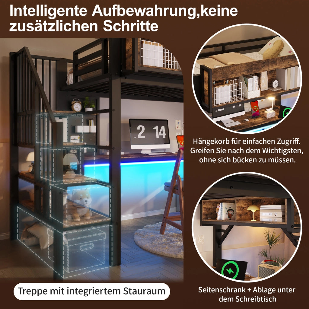 DESMIU Lit a soppalco 90 × 200 cm 1 posto con scrivania angolare, ripiano, LED, USB e Type-C, senza materasso, legno metallo nero