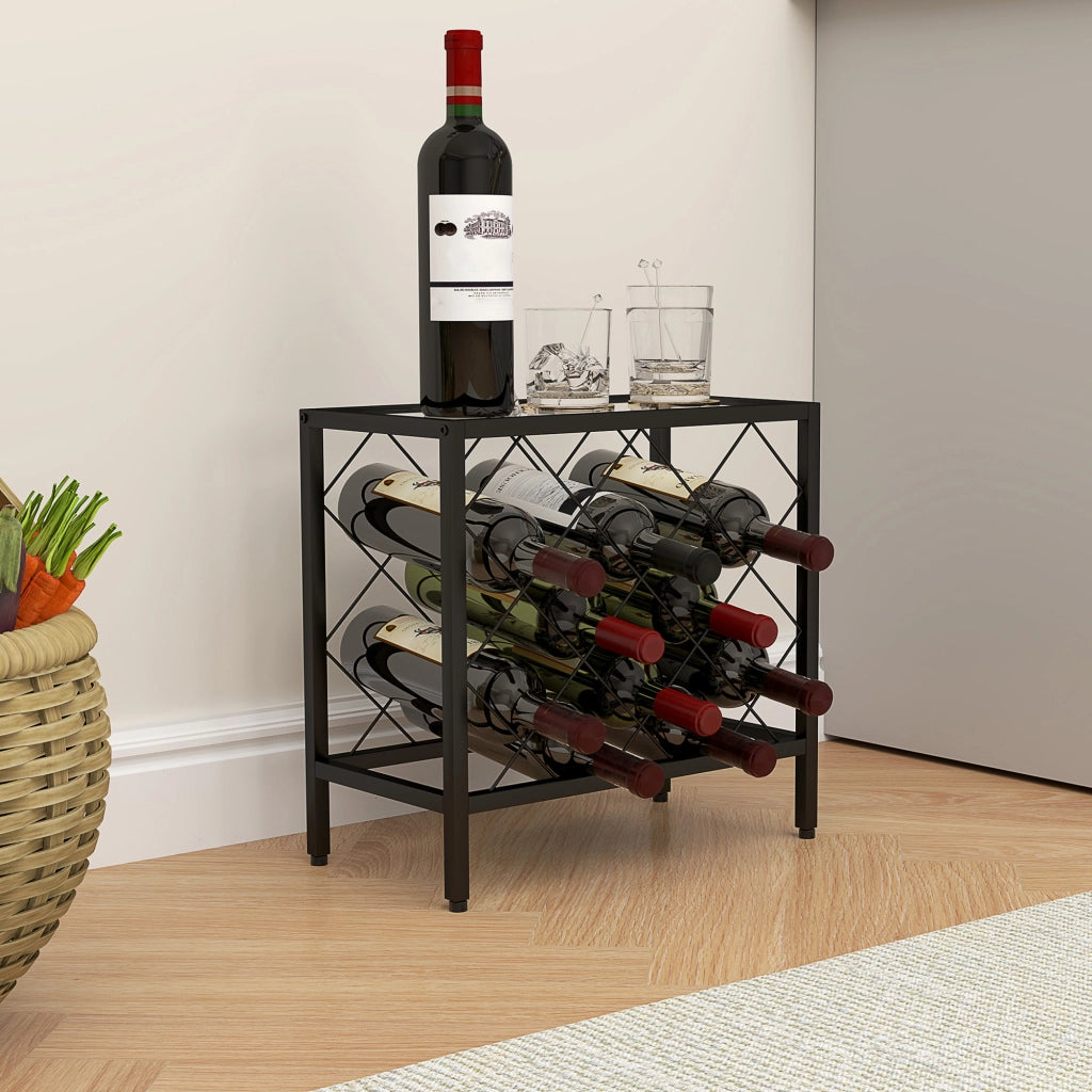 Portabottiglie Vini per 10 Bottiglie in Acciaio Nero con Piano d'Appoggio in Vetro Temperato, 41x22x41 cm