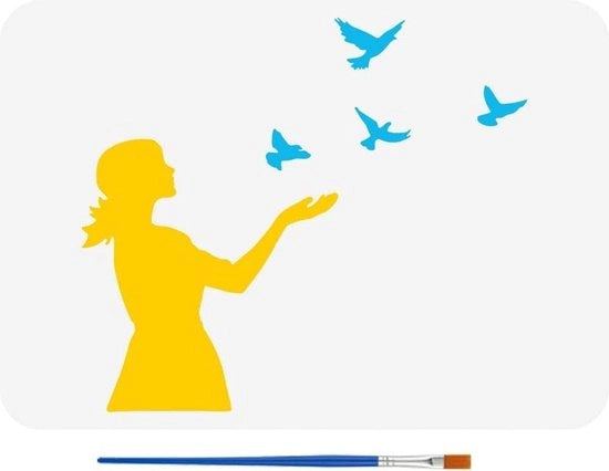 Tela da pittura con stencil di donna e uccelli in volo - 21x29,7cm, silhouette di donna con uccelli dipinti, stencil per decorazione di casa con tema di personaggi