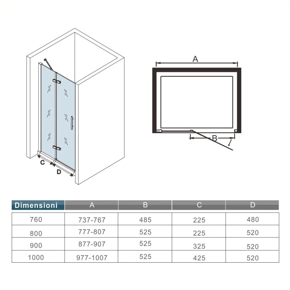 195 cm Porta Doccia per Nicchia Apertura Battente con Barra Stabilizzatrice Vetro 6 mm Temperato Trasparente Anticalcare Larga 80 cm