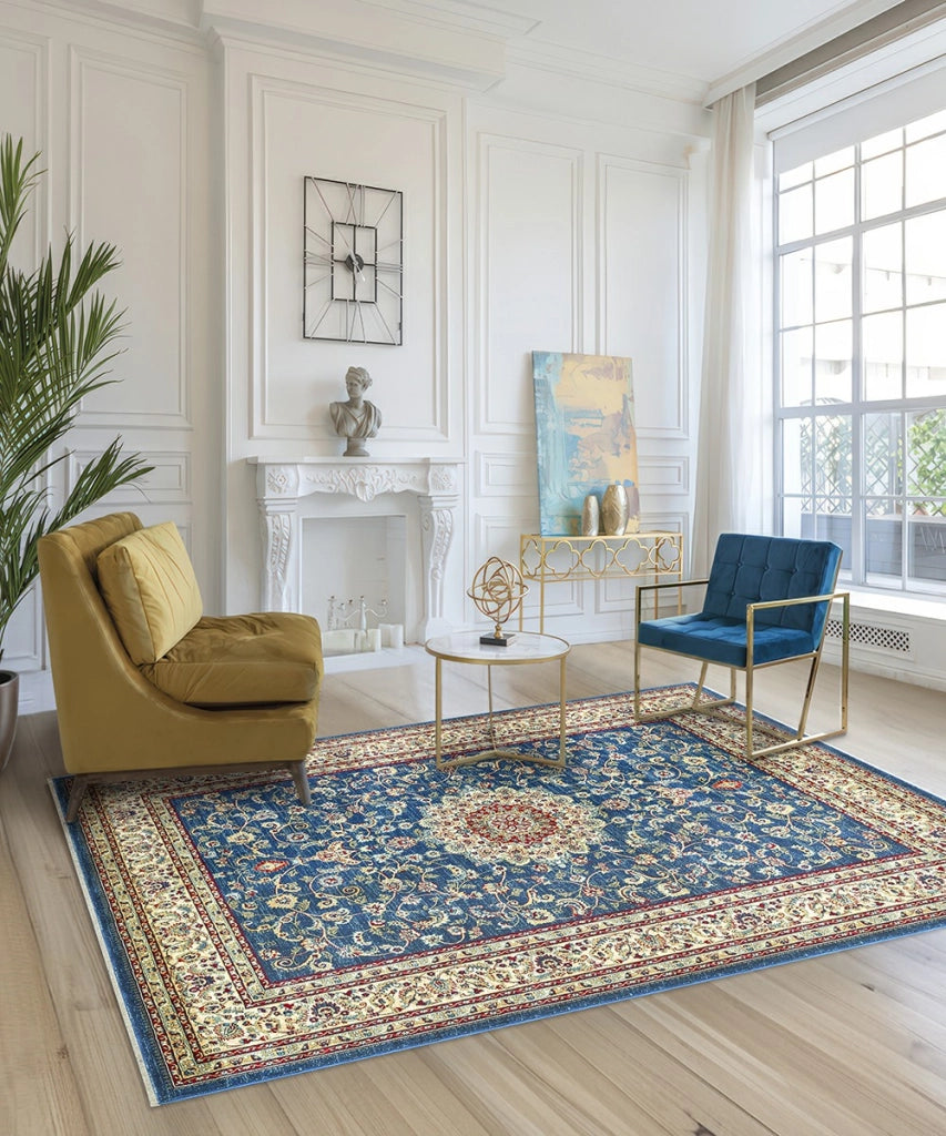 Tappeto KAZAKH 2154 blu e beige cm.240x340 stile orientale persiano alta qualità con effetto lucente