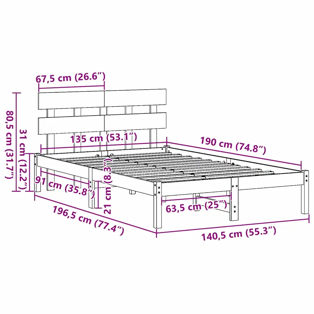 Letto matrimoniale | Letto per adulti | Struttura del letto Bianco 135 x 190 cm Legno massello di pino
