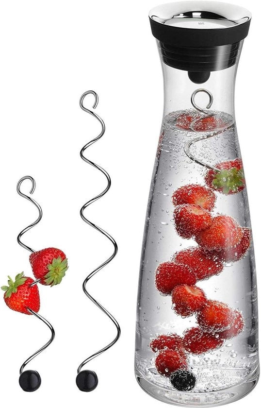 Set di caraffa acqua 1 L con 2 pinze per frutta (18 e 24 cm) - Caraffa in vetro con coperchio