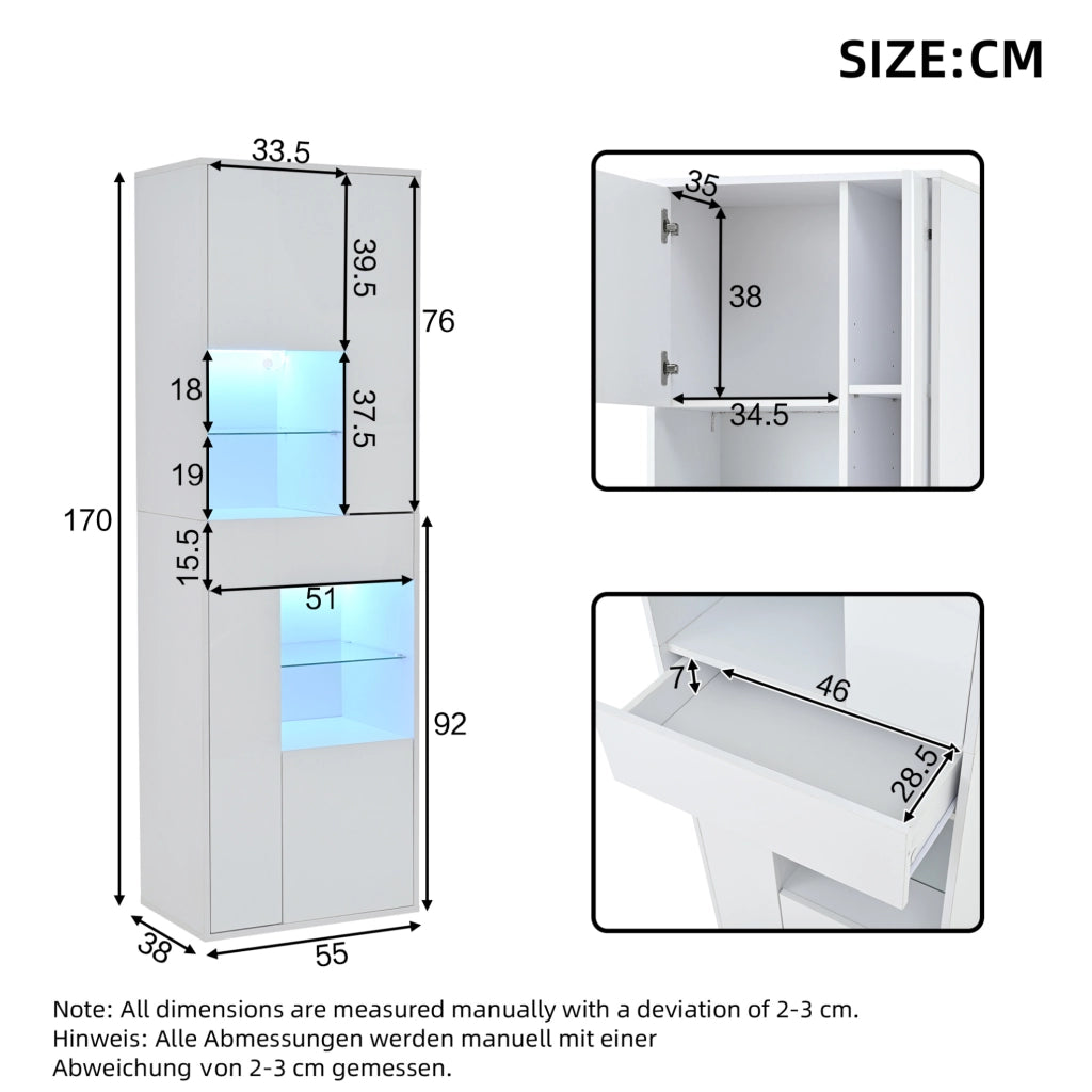 Vetrina 55x38x170 cm con LED e 1 cassetto in truciolato bianco