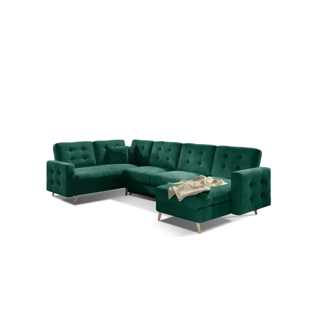 Divano ad angolo panoramico convertibile HASGARD U 326x202 cm verde smeraldo velluto