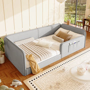 DESMIU Lit simple 90 × 200 cm con tasche portaoggetti, senza materasso, in lino, grigio