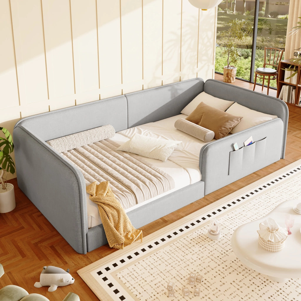 DESMIU Lit simple 90 × 200 cm con tasche portaoggetti, senza materasso, in lino, grigio
