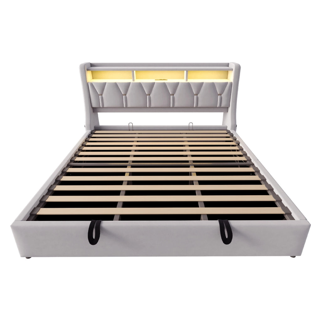 Letto matrimoniale contenitore 180x200 cm con testiera ribaltabile; prese; LED e piedi maggiorati; velluto grigio chiaro
