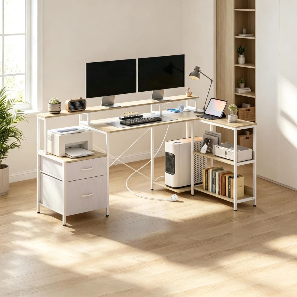 Scrivania angolare con LED, 2 cassetti in tessuto, supporto monitor e prese, bianca 172 × 100 × 89 cm