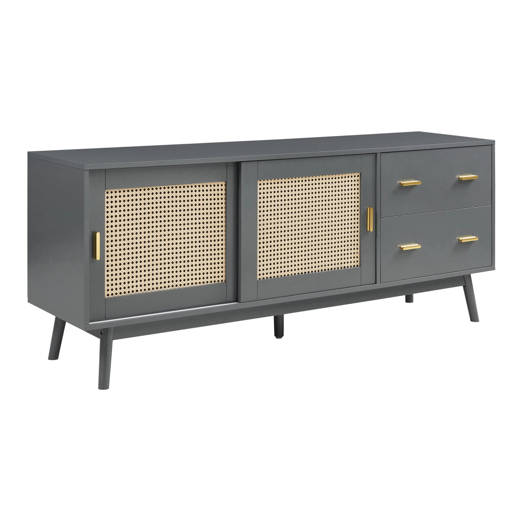 Mobile Porta TV Susa con Cassetti e Ante Scorrevoli in Polyrattan 160x40x65 cm Grigio [en.casa]