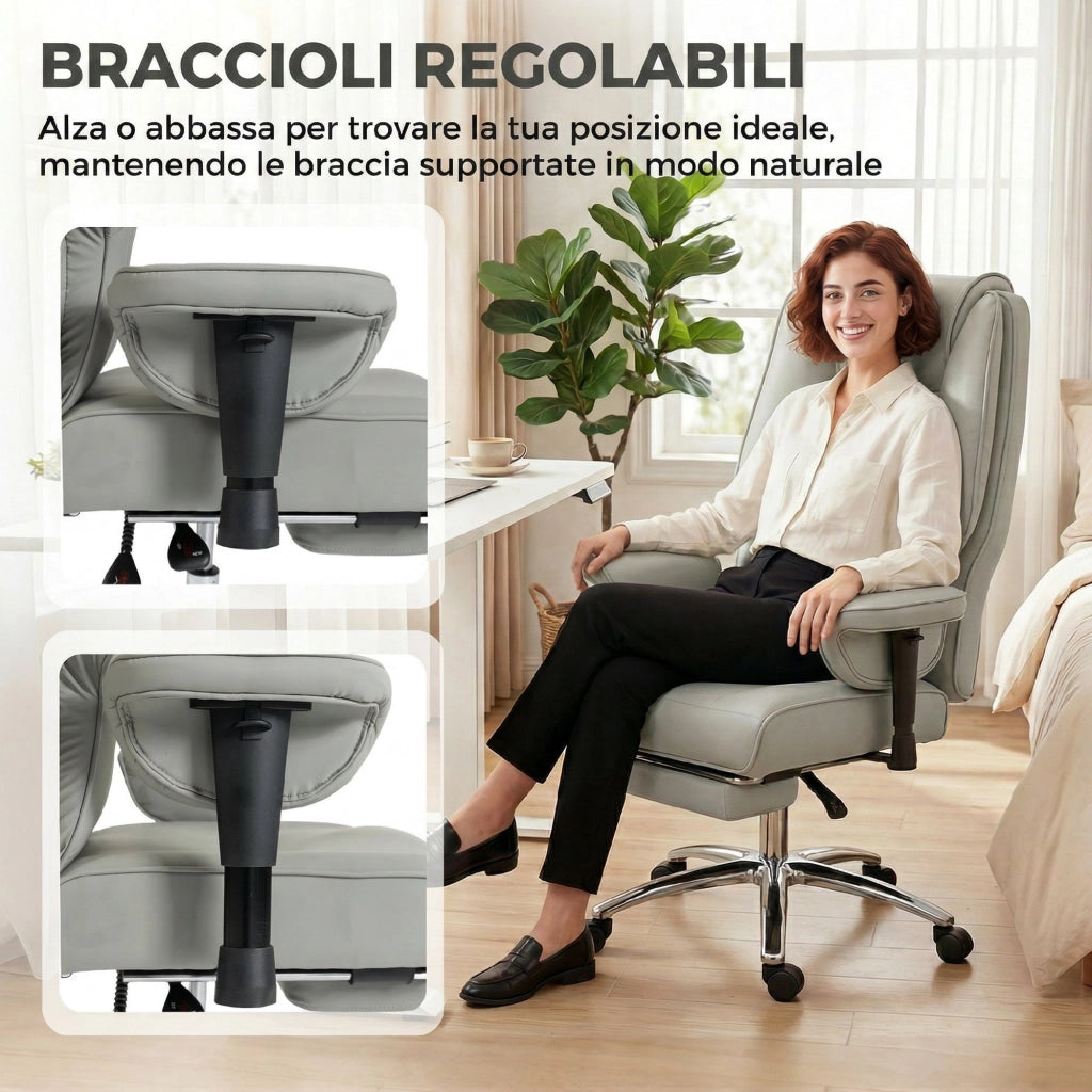 Sedia da Ufficio Ergonomica Reclinabile con Poggiapiedi ¨C Xylo ¨C Schienale Alto, Grigio Chiaro