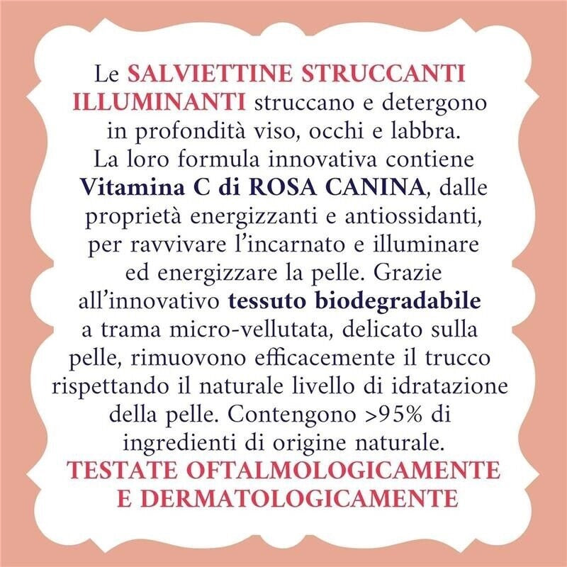 ACQUA ALLE ROSE SALVIETTINE STRUCCANTI ILLUMINANTI PER PELLI SPENTE E VITAMINA C DI ROSA CANINA VISO OCCHI E LABBRA 20 PZ