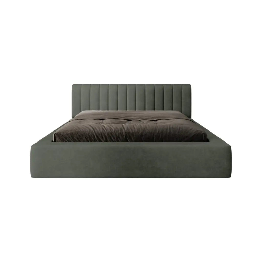 Letto contenitore CERVIN – Velluto morbido Salvia Notturna – 140x200 cm – Rete sollevabile – Design elegante