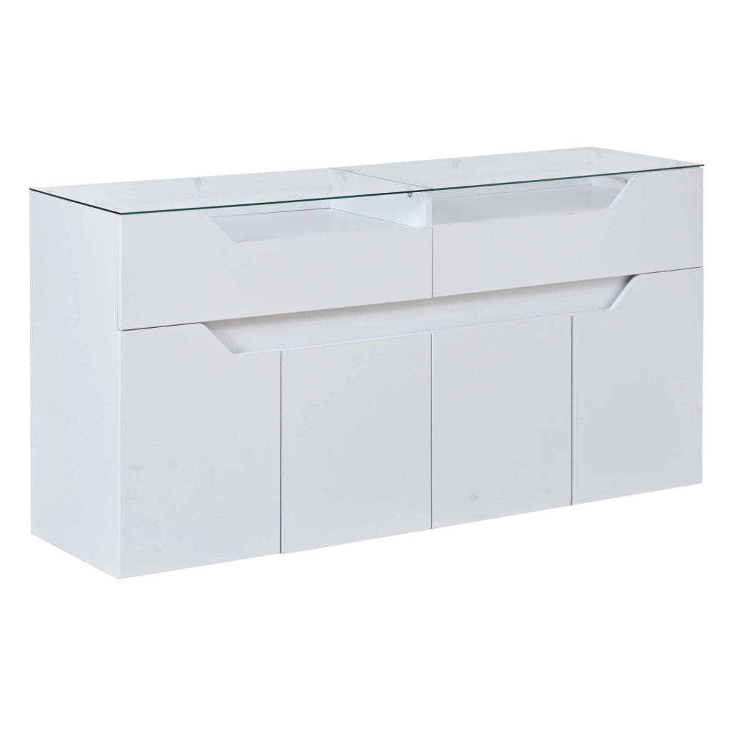 Credenza sideboard 140x40x70 cm in MDF bianco con piano in vetro temperato e LED