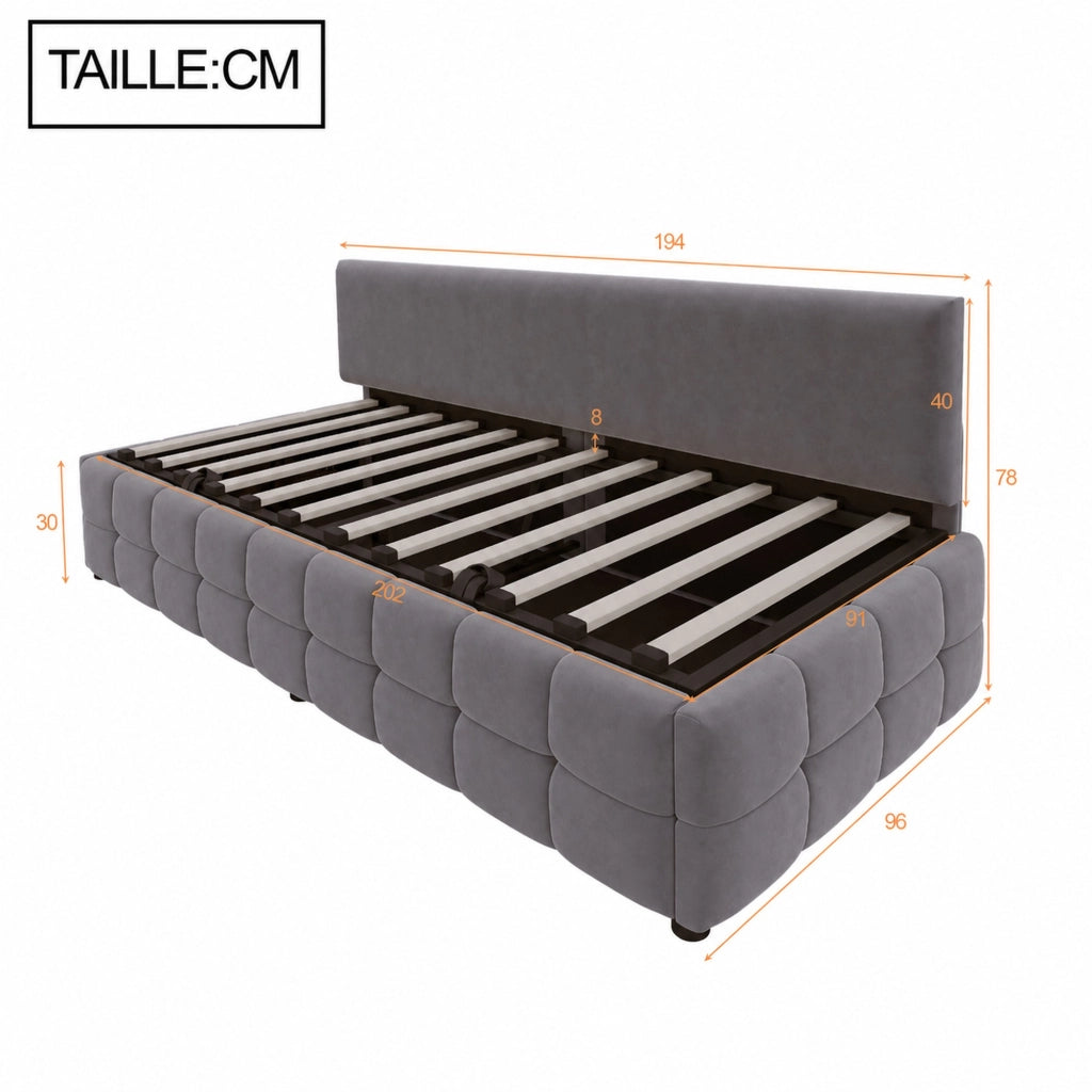 DESMIU Letto divano 1 posto 90 × 200 cm con vano contenitore idraulico e schienale, senza materasso, in velluto grigio