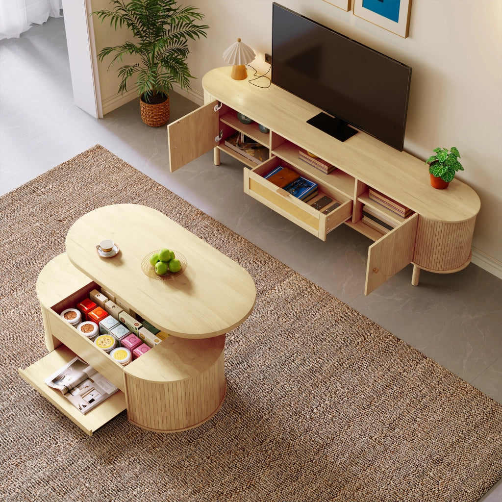 OKWISH Set 2 Mobili da Soggiorno con Tavolino Alzabile e Mobile TV, Vani Contenitivi e Passacavi, MDF Naturale