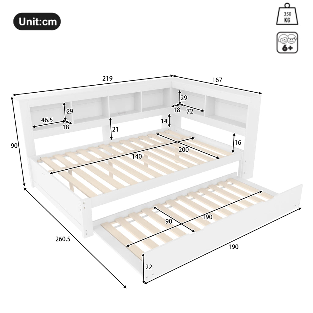LETTO DIVANO estraibile 140x200 cm bianco con prese e 2 USB