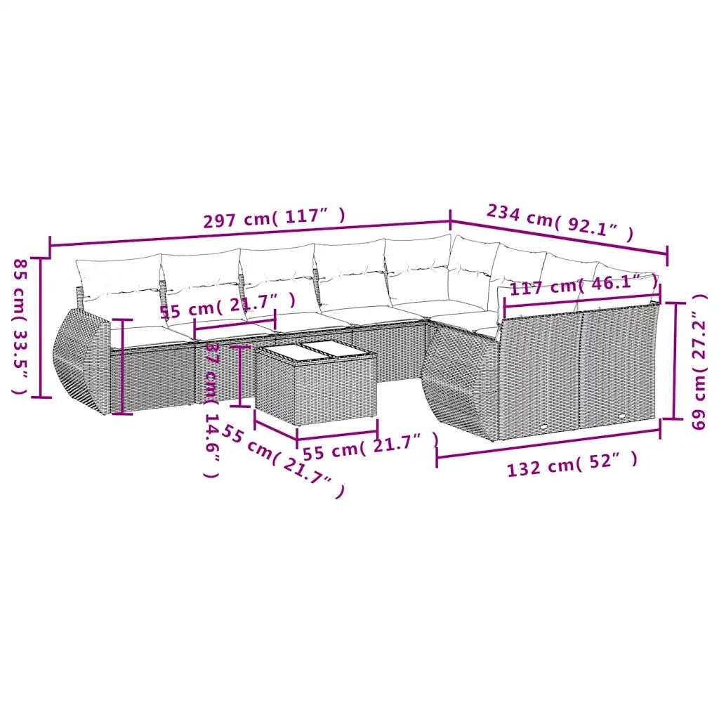 Set Divani da Giardino 10pz con Cuscini in Polyrattan Marrone 3221852