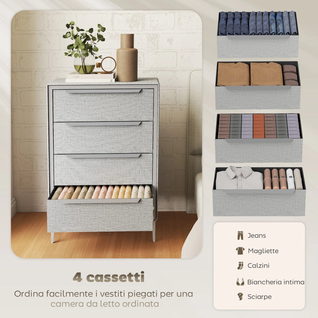 Cassettiera 4 Cassetti 60x36x88 cm con Rivestimento in Tessuto Effetto Lino in Acciaio Grigio