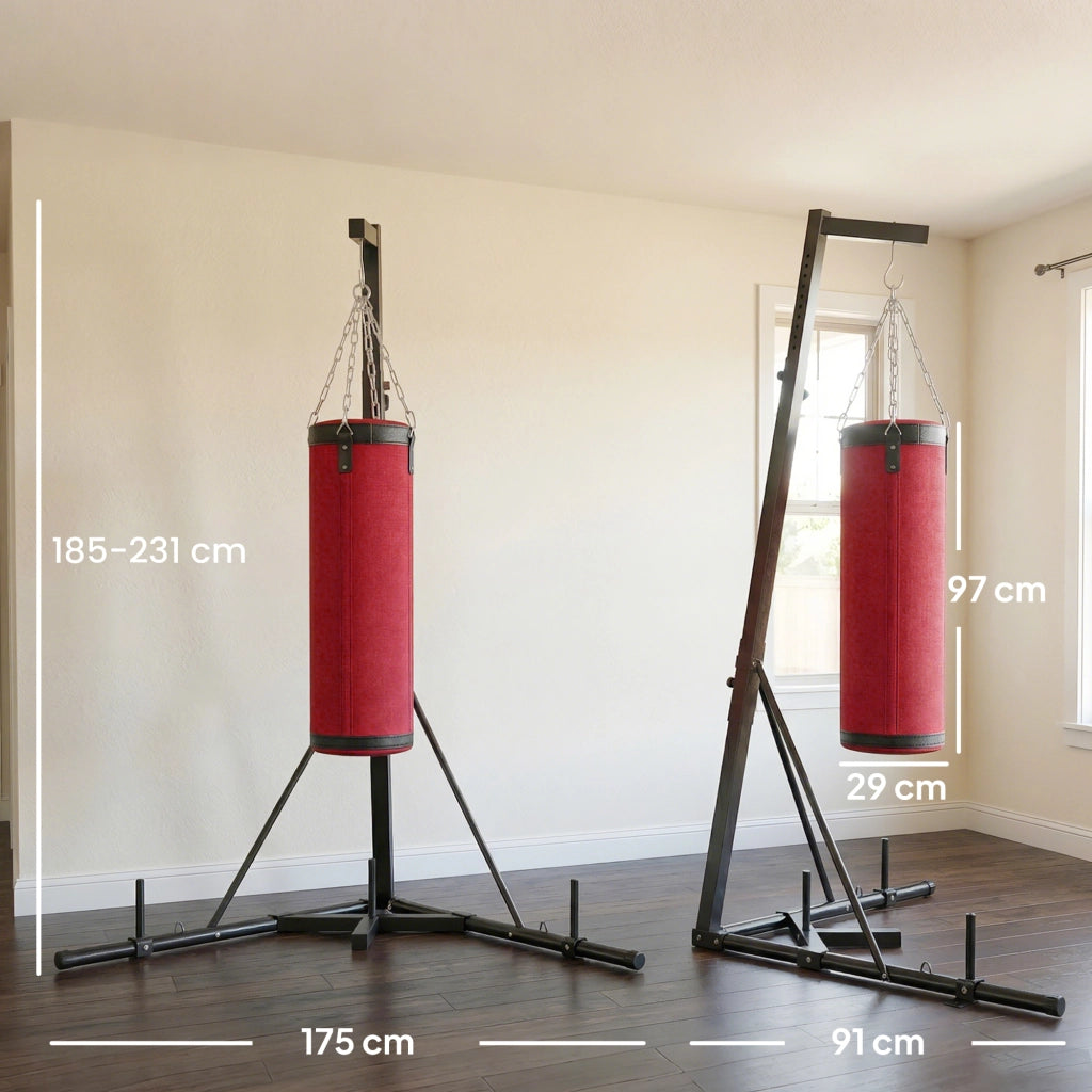 Sacco da Boxe con Supporto Regolabile ¨C Minimal ¨C Acciaio e Tela, 175x91x185-231 cm, Rosso