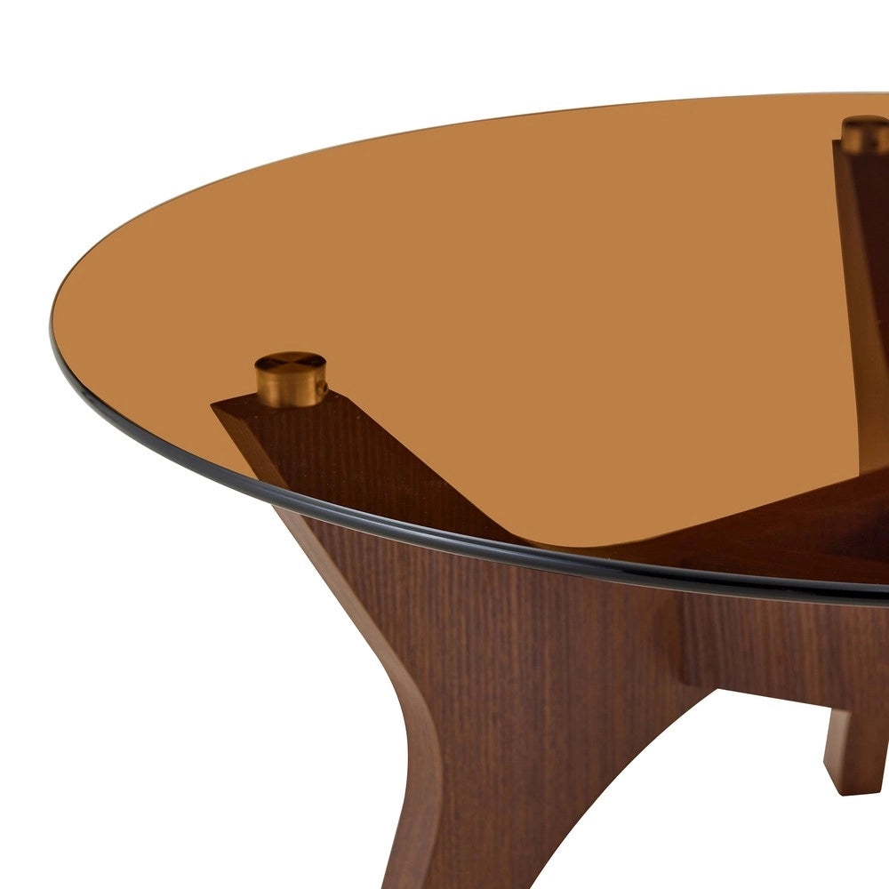 Tavolino da Caff¨¨ Rotondo ¨C MINIMAL ¨C Piano in Vetro Ambra, Struttura in Legno Marrone, 80cm