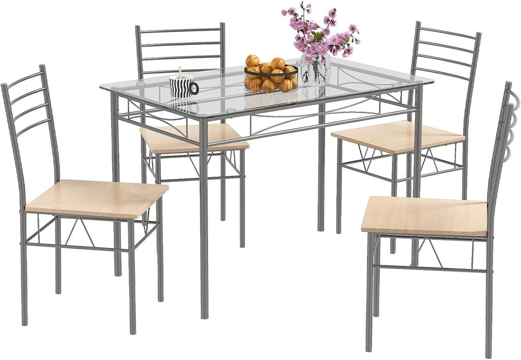Set Tavolo e Sedie da Pranzo Moderno 5 pezzi, Tavolo Rettangolare da Cucina in Vetro e 4 Sedie con Struttura Metallica Antigraffio, Set di Mobili da Cucina e Sala da Pranzo Salvaspazio