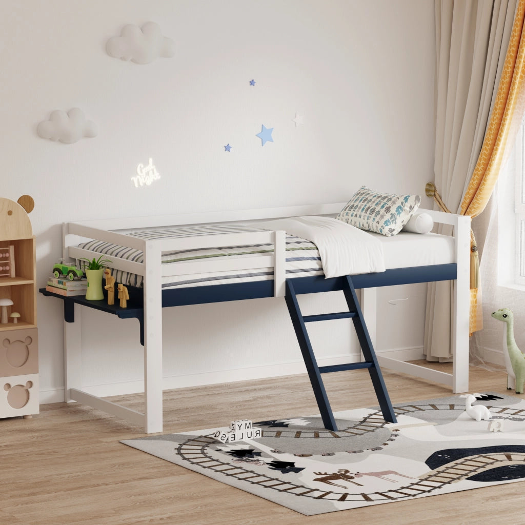 Letto a soppalco per bambini 90x200 cm in legno massello di pino, letto per bambini con sistema anticaduta, scaletta fissa e tavolino contenitore, ret