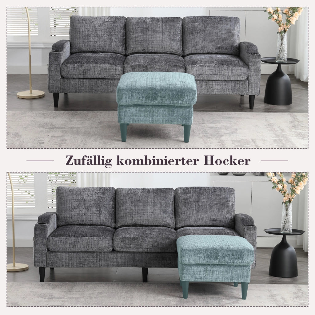 Divano 4 posti con pouf contenitore; rivestimento in chenille grigio; 196;5 cm