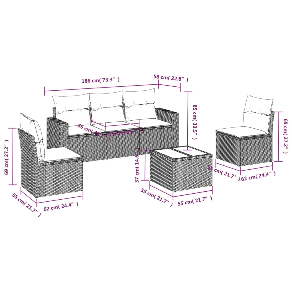 Set Divano da Giardino 6 pz con Cuscini Beige in Polyrattan