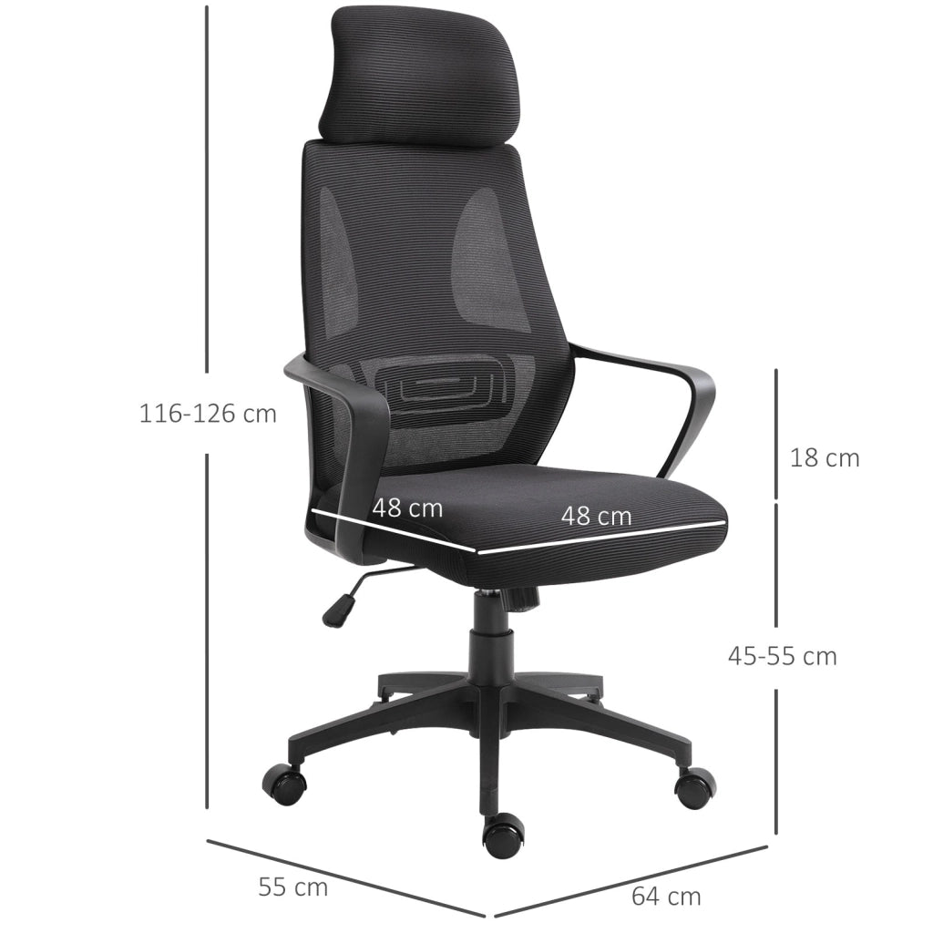 Sedia Operativa da Ufficio Reclinabile con Poggiatesta e Supporto Lombare 64x55x116-126 cm Nero