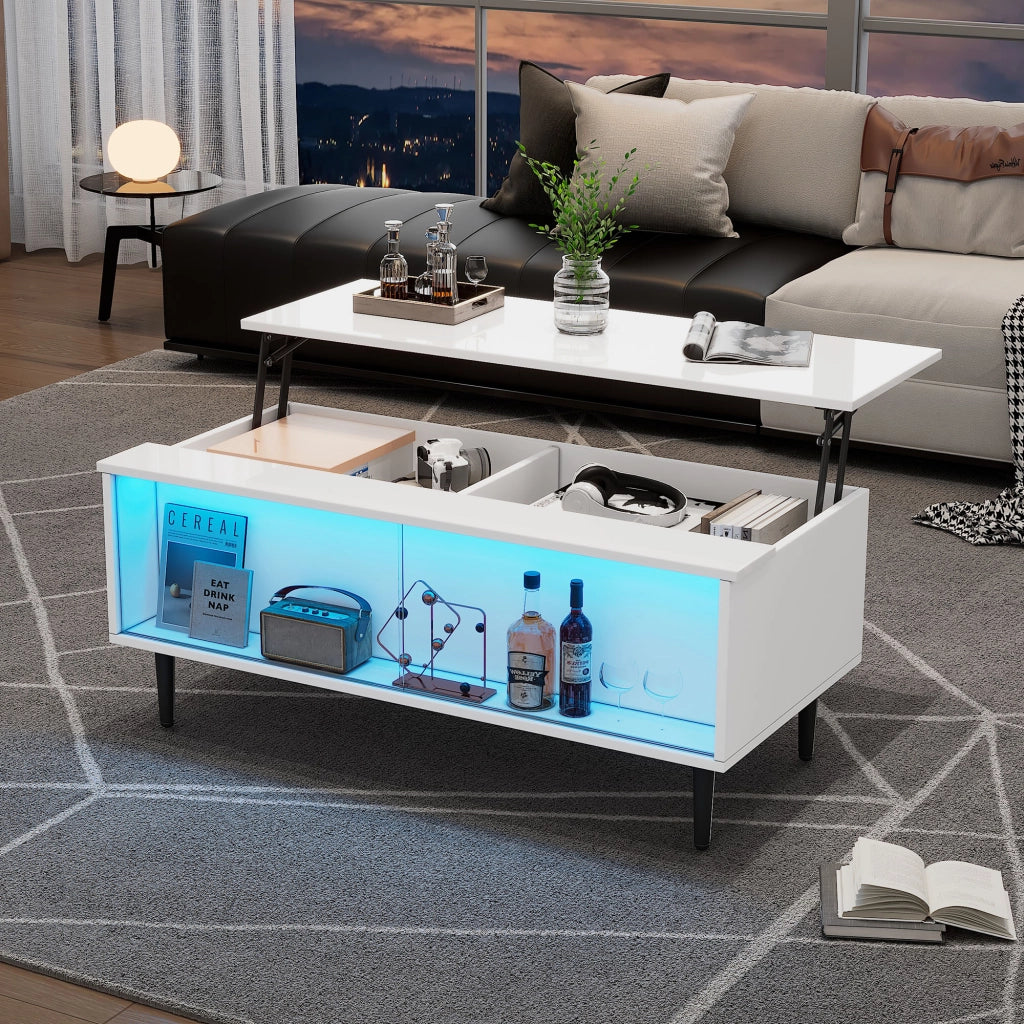 Tavolino da salotto regolabile in altezza 105 x 50 x 43 cm con LED, vani nascosti e ante scorrevoli in vetro temperato, bianco
